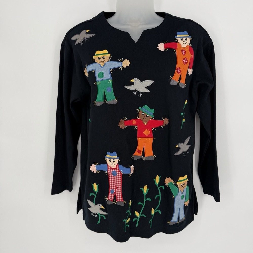 Bechamel Petites Sz S Embroidered Scarecrow Shirt Corn Birds Fall Holiday Top - Picture 1 of 5